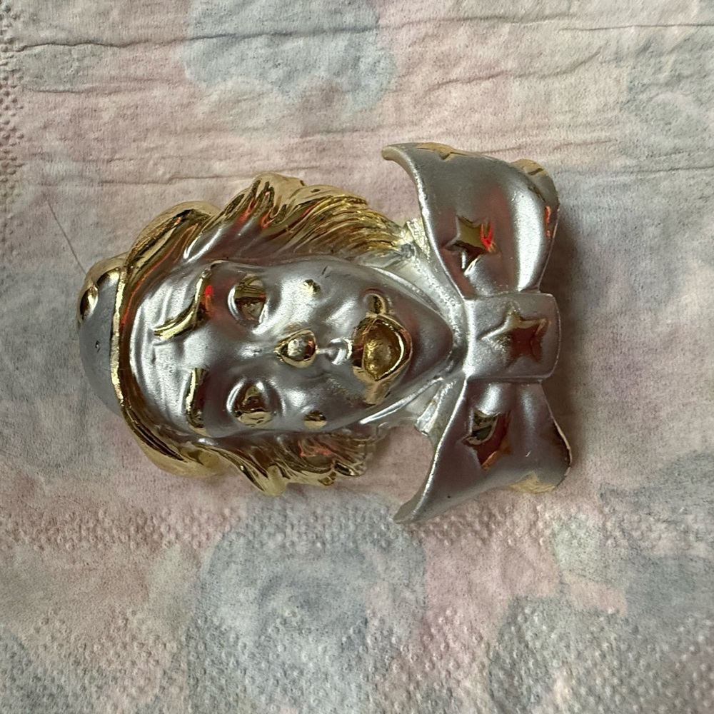 Vintage Clown Face Brooch in Silver and Gold Tones